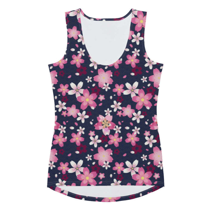 Sakura kawaii tank top in pink with drifting cherry blossom petals and golden wave arcs