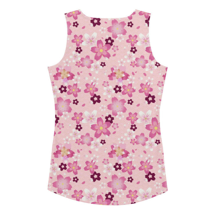 Sakura kawaii tank top in pink with golden-centered sakura and gold seigaiha waves