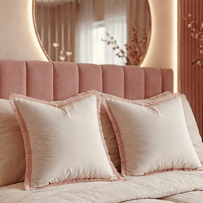 Scarlett Off White Textured Cushion with Pink Fringing Detail - 56x56cm Textiles