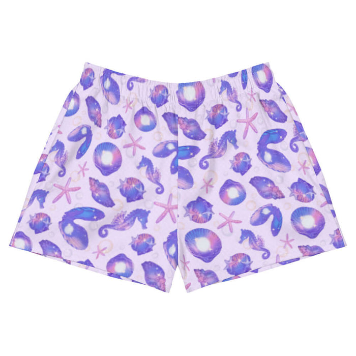 Sea Princess kawaii athletic short shorts with conch shells and scallop shells in pastel blue, pink and purple