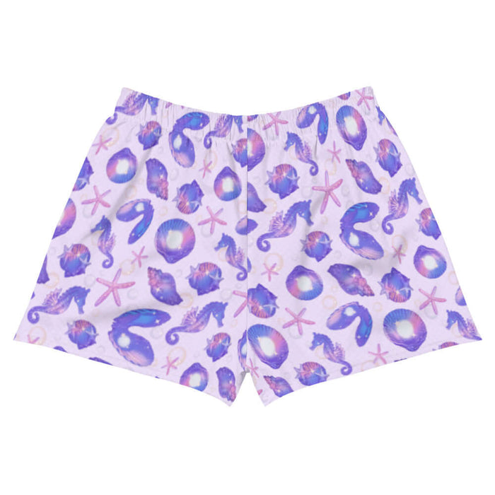Sea Princess kawaii athletic short shorts with starfish and pearl oyster shells in pastel blue, pink and purple