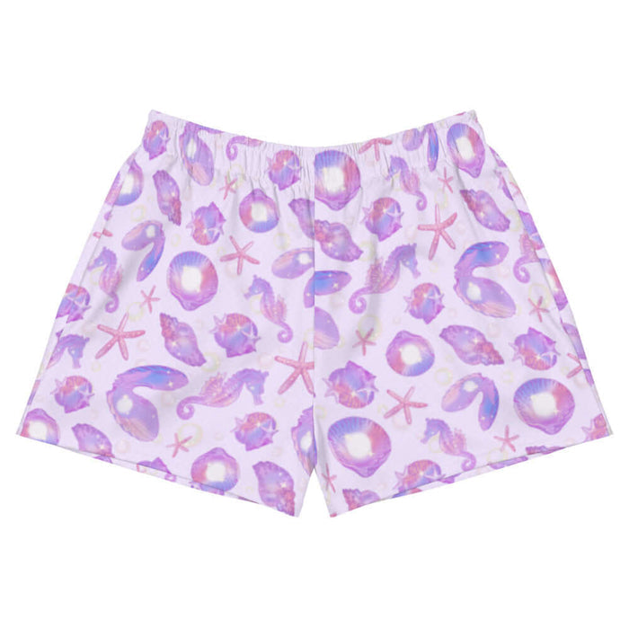 Sea Princess kawaii athletic short shorts with seahorses and conch shells in pastel blue, pink and purple