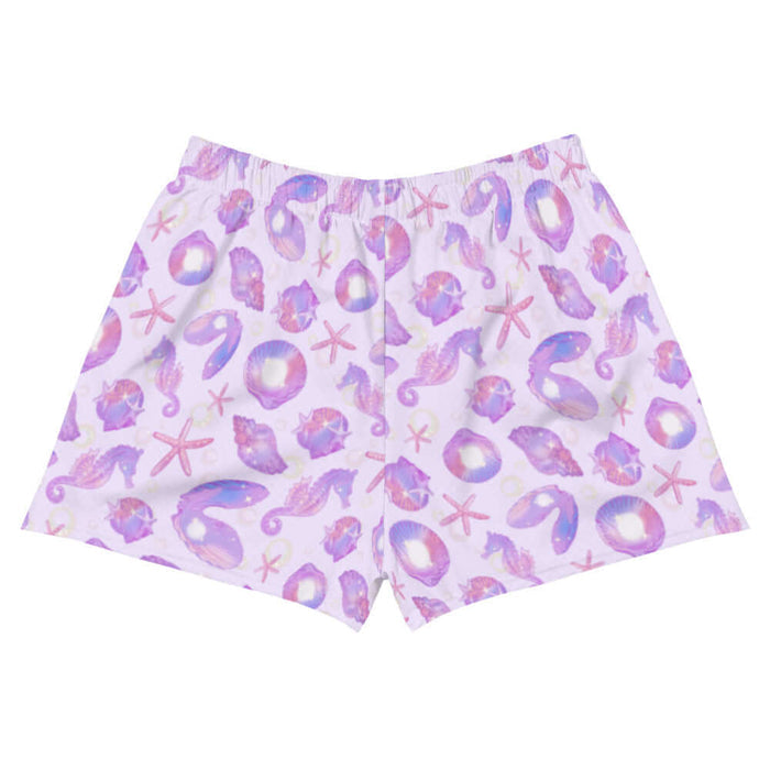 Sea Princess kawaii athletic short shorts with scallop shells and oyster shells in pastel blue, pink and purple