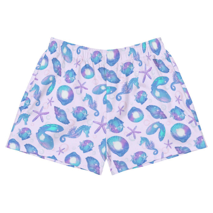 Sea Princess kawaii athletic short shorts with starfish and spiral conch shells in pastel blue, pink and purple