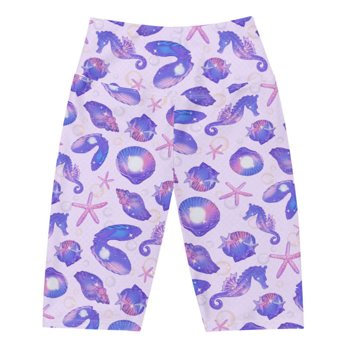 Sea Princess kawaii biker shorts with seahorses and scallop shells in pastel blue, pink and purple