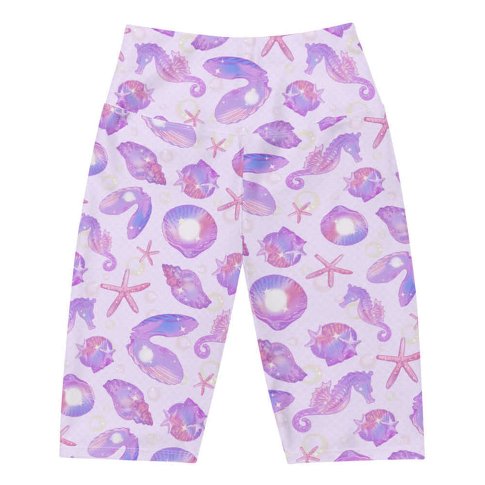 Sea Princess kawaii biker shorts with pearl oyster shells and seahorses in pastel blue, pink and purple