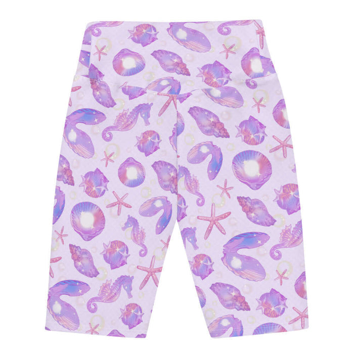 Sea Princess kawaii biker shorts with sea stars and scallop shells in pastel blue, pink and purple