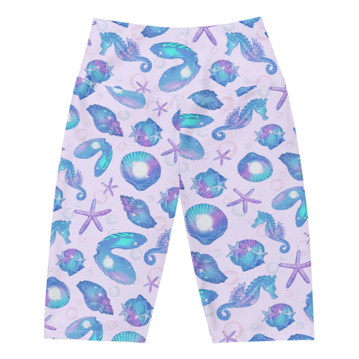 Sea Princess kawaii biker shorts with seahorses and starfish in pastel blue, pink and purple