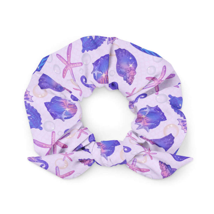Sea Princess kawaii scrunchie with starfish and pearl oyster shells in pastel blue, pink and purple