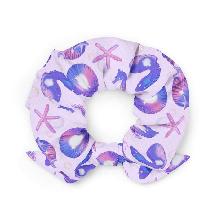 Sea Princess kawaii scrunchie with seahorses and conch shells in pastel blue, pink and purple