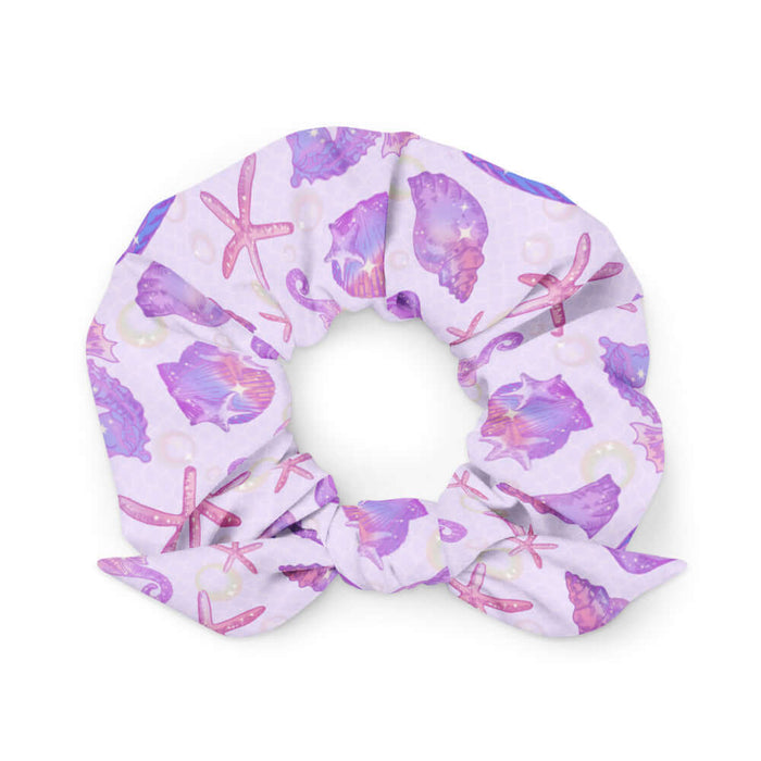 Sea Princess kawaii scrunchie with scallop shells and oyster shells in pastel blue, pink and purple