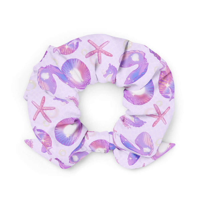 Sea Princess kawaii scrunchie with starfish and spiral conch shells in pastel blue, pink and purple