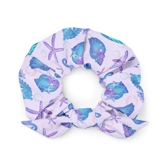 Sea Princess kawaii scrunchie with seahorses and scallop shells in pastel blue, pink and purple