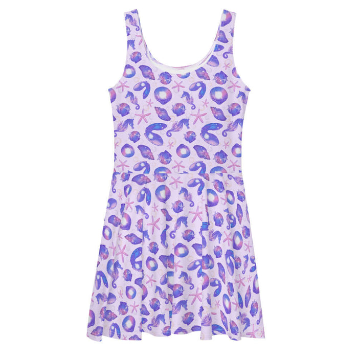 Sea Princess kawaii skater dress in purple with conch shells and scallop shells