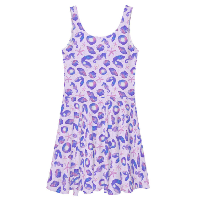 Sea Princess kawaii skater dress with starfish and pearl oyster shells in pastel blue, pink and purple