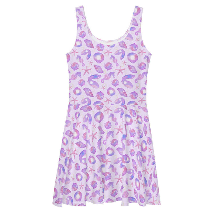 Sea Princess kawaii skater dress with seahorses and conch shells in pastel blue, pink and purple