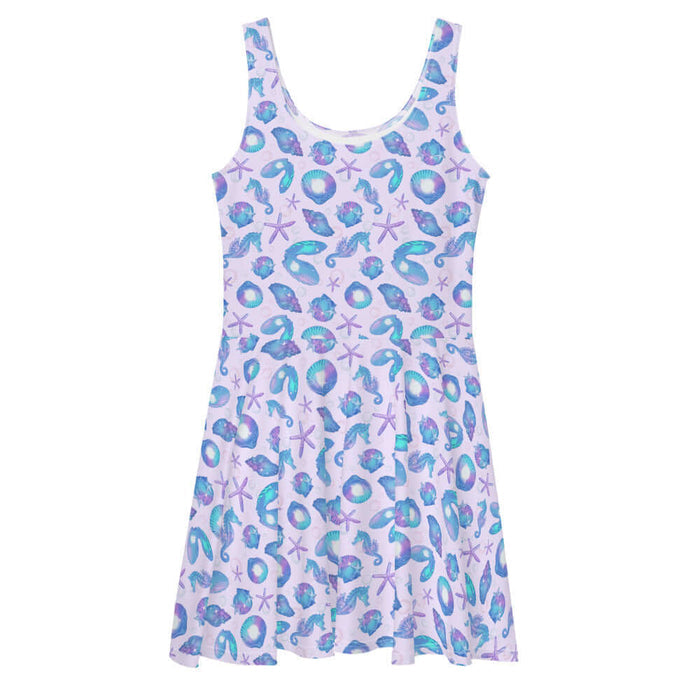 Sea Princess kawaii skater dress with starfish and spiral conch shells in pastel blue, pink and purple