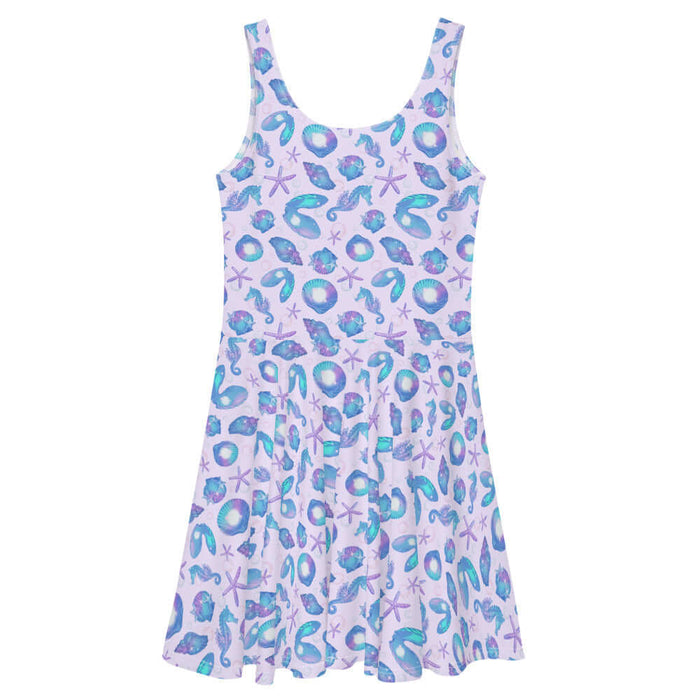 Sea Princess kawaii skater dress with seahorses and scallop shells in pastel blue, pink and purple