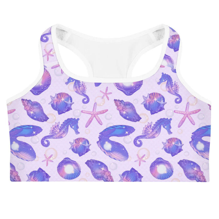 Sea Princess kawaii sports bra with seahorses and starfish in pastel blue, pink and purple