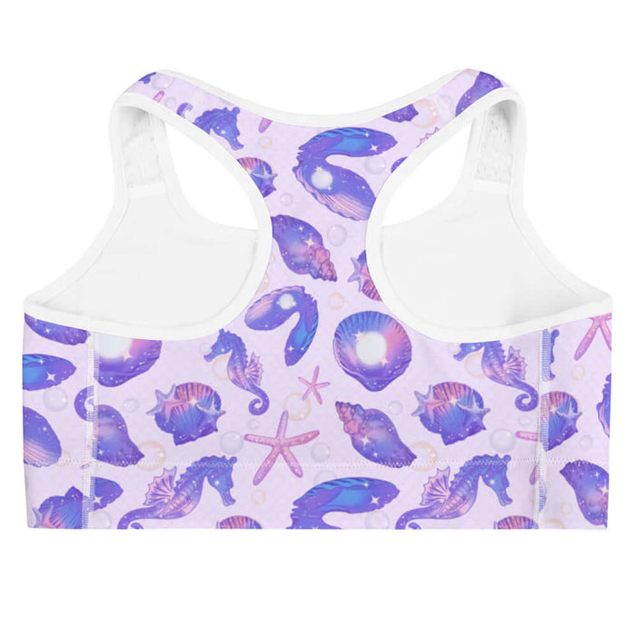 Sea Princess kawaii sports bra with conch shells and scallop shells in pastel blue, pink and purple