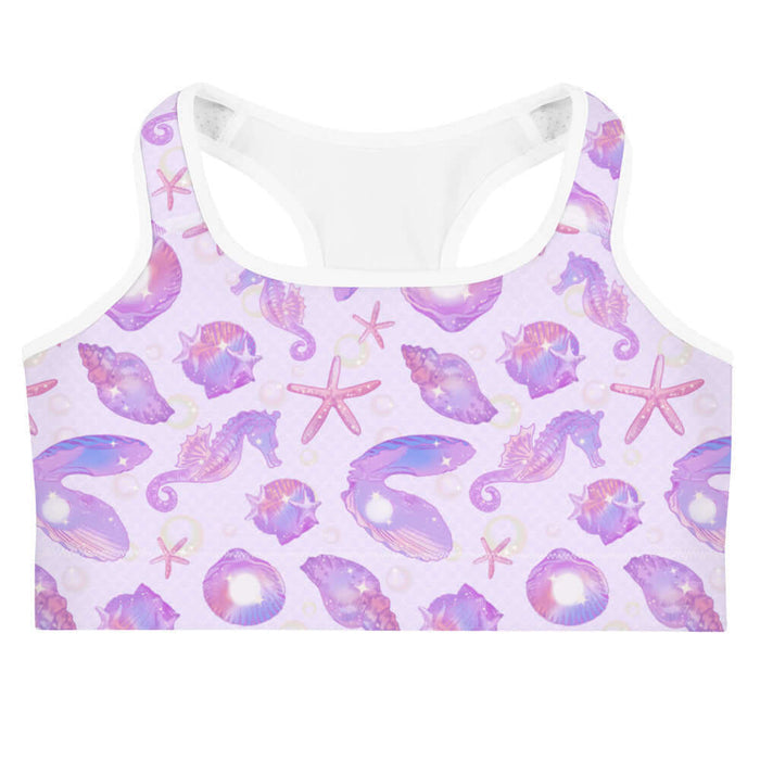 Sea Princess kawaii sports bra with starfish and pearl oyster shells in pastel blue, pink and purple
