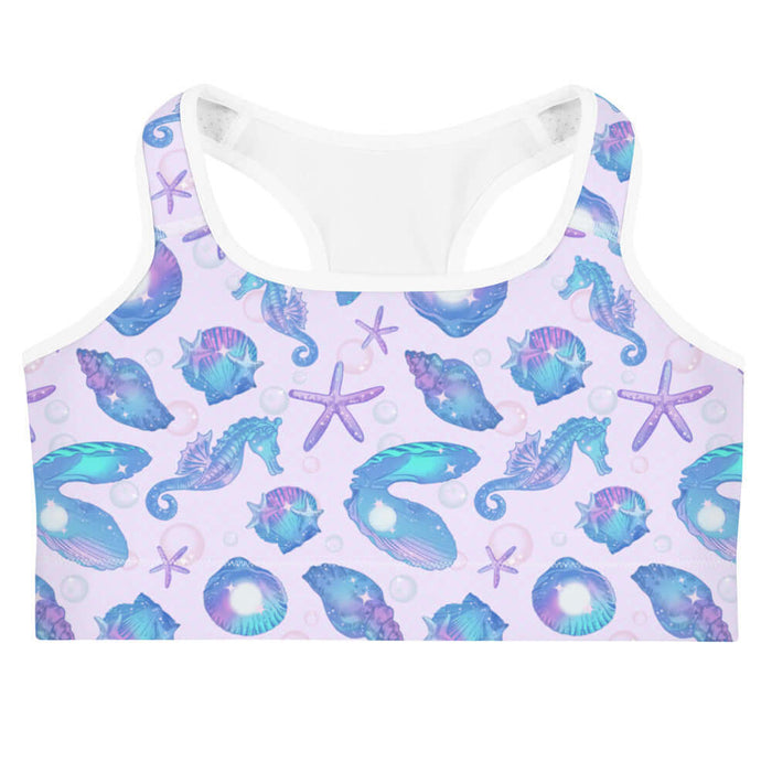 Sea Princess kawaii sports bra with scallop shells and oyster shells in pastel blue, pink and purple