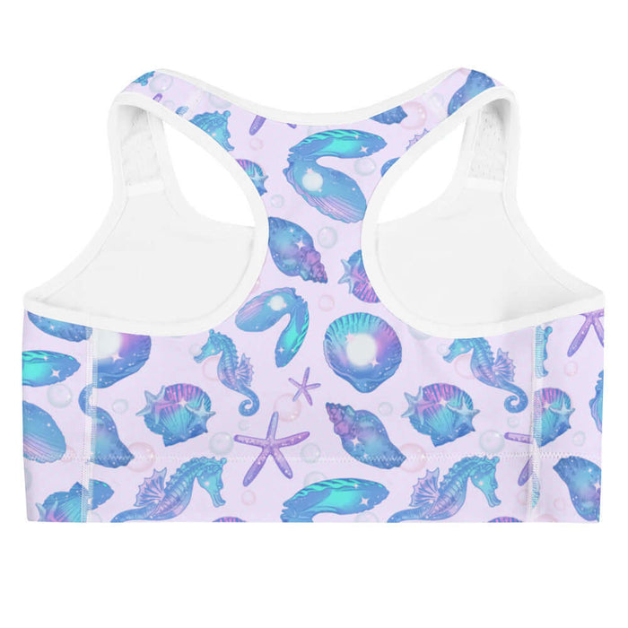 Sea Princess kawaii sports bra with starfish and spiral conch shells in pastel blue, pink and purple