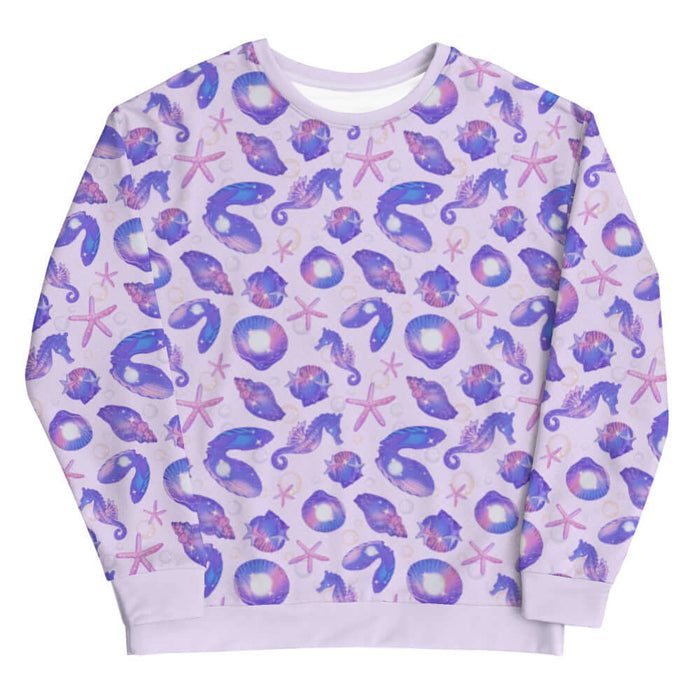 Sea Princess kawaii sweatshirt with seahorses and scallop shells in pastel blue, pink and purple