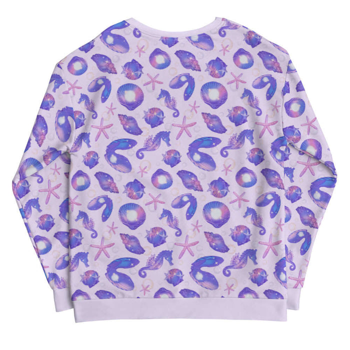 Sea Princess kawaii sweatshirt with spiral shells and sea stars in pastel blue, pink and purple