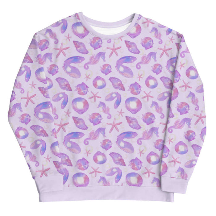 Sea Princess kawaii sweatshirt with pearl oyster shells and seahorses in pastel blue, pink and purple