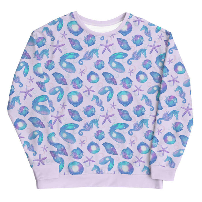 Sea Princess kawaii sweatshirt with seahorses and starfish in pastel blue, pink and purple