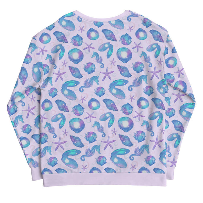Sea Princess kawaii sweatshirt with conch shells and scallop shells in pastel blue, pink and purple