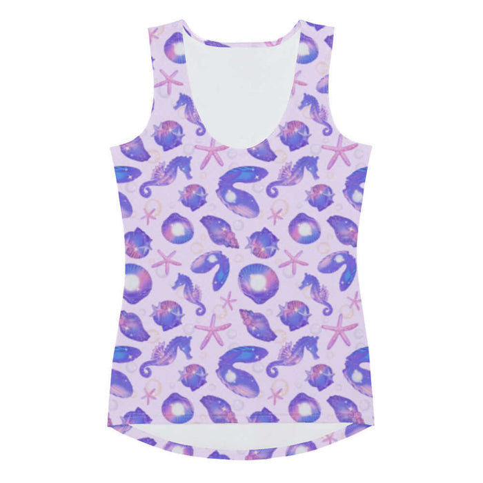 Sea Princess kawaii tank top with seahorses and scallop shells in pastel blue, pink and purple