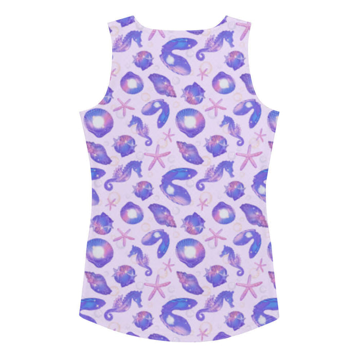 Sea Princess kawaii tank top with spiral shells and sea stars in pastel blue, pink and purple