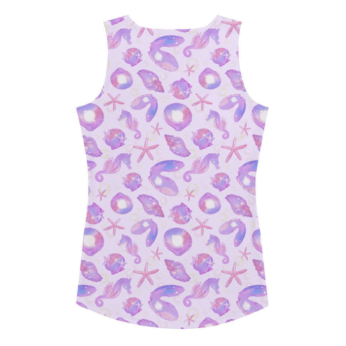 Sea Princess kawaii tank top with sea stars and scallop shells in pastel blue, pink and purple