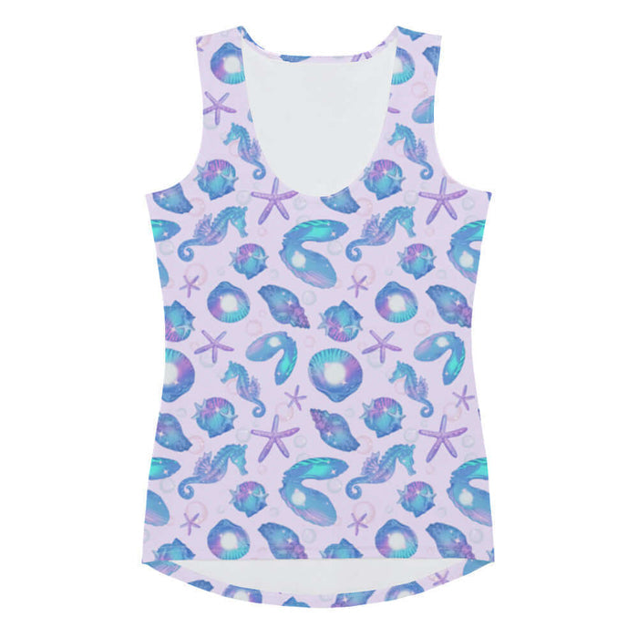 Sea Princess kawaii tank top with seahorses and starfish in pastel blue, pink and purple