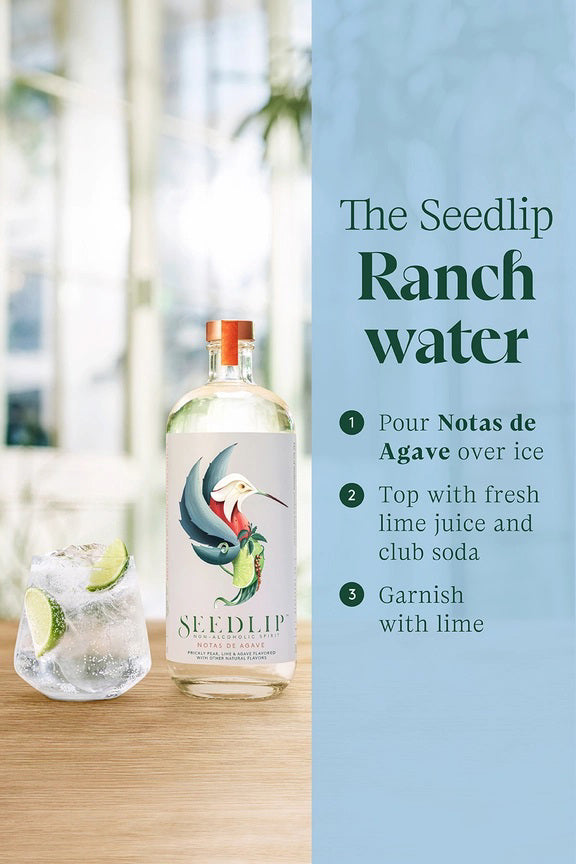 SEEDLIP - NOTAS DE AGAVE NON ALCOHOLIC SPIRIT by SEEDLIP DRINKS comes in a clear bottle with a copper cap and a vibrant bird and fruit label on a light blue background—an ideal non-alcoholic option.