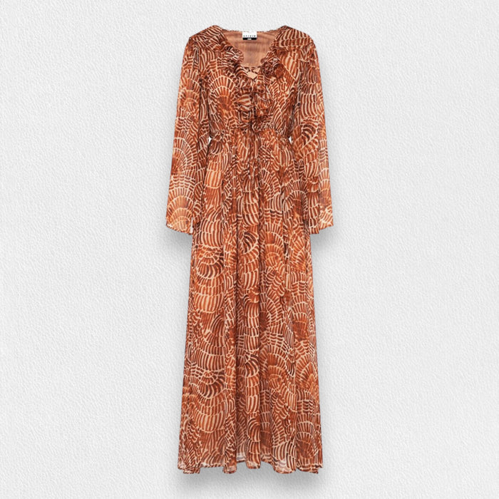 The SFIZIO - RUST PRINT RUFFLED DRESS by SFIZIO is a long-sleeved, floor-length Italian dress in airy viscose creponne with a cinched waist, ruffled neckline, and abstract brown/beige print on lightweight, semi-sheer fabric.