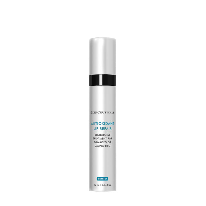 A silver and white tube labeled "SKINCEUTICALS - ANITOXIDANT LIP REPAIR" by SKIN CEUTICALS, this 10 ml (0.34 fl oz) lip treatment rehydrates and helps repair lips damaged by aging or the environment.