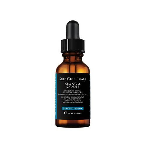 A brown glass dropper bottle labeled "SKINCEUTICALS - CELL CYCLE CATALYST" with black cap, 30 ml (1 fl oz), from SKIN CEUTICALS—an anti-aging serum that boosts cell turnover for radiant, youthful skin.