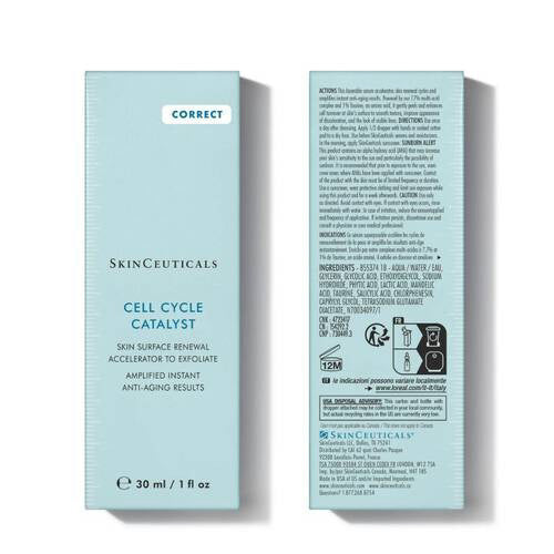 A brown glass dropper bottle labeled "SKINCEUTICALS - CELL CYCLE CATALYST" with black cap, 30 ml (1 fl oz), from SKIN CEUTICALS—an anti-aging serum that boosts cell turnover for radiant, youthful skin.