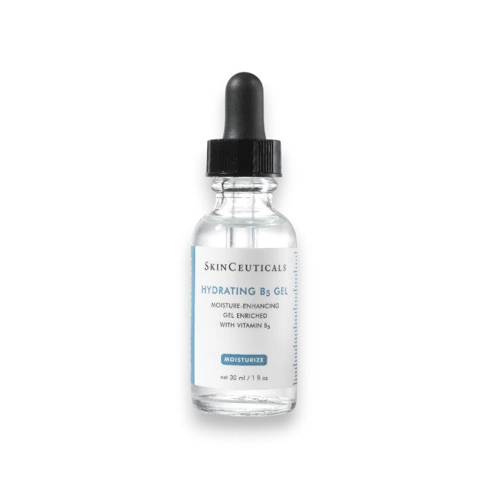 A clear glass bottle labeled “SKIN CEUTICALS HYDRATING B5 GEL” with a black dropper holds an oil-free serum formulated with vitamin B5 and hyaluronic acid for powerful hydration and moisture.