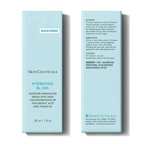 A clear glass bottle labeled “SKIN CEUTICALS HYDRATING B5 GEL” with a black dropper holds an oil-free serum formulated with vitamin B5 and hyaluronic acid for powerful hydration and moisture.