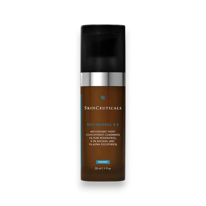 A 30 ml brown bottle of SKIN CEUTICALS RESVERATROL B E SERUM with a black pump and blue-white label, this potent antioxidant formula is designed for nightly anti-aging care.