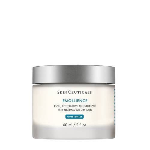 A 60 ml jar of SKINCEUTICALS -EMOLLIENCE by SKIN CEUTICALS, a rich moisturizer for dry, normal, or sensitive skin, with a white label and silver lid.