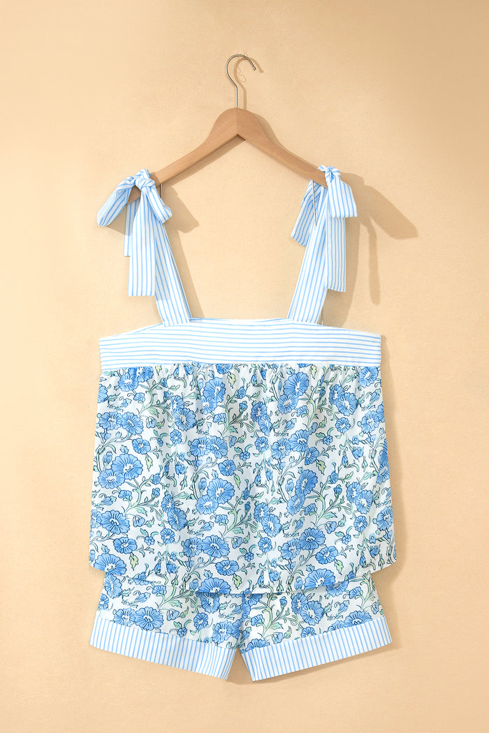 Sky Blue Floral Striped Patchwork Knot Straps 2pcs Short Set 🇺🇸