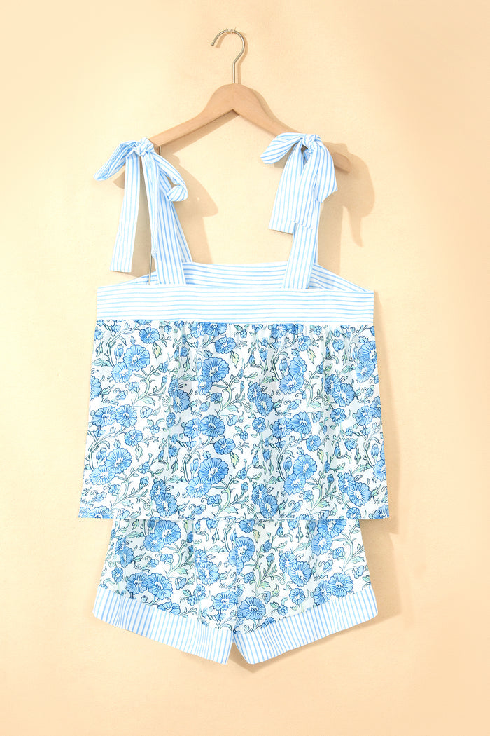 Sky Blue Floral Striped Patchwork Knot Straps 2pcs Short Set 🇺🇸