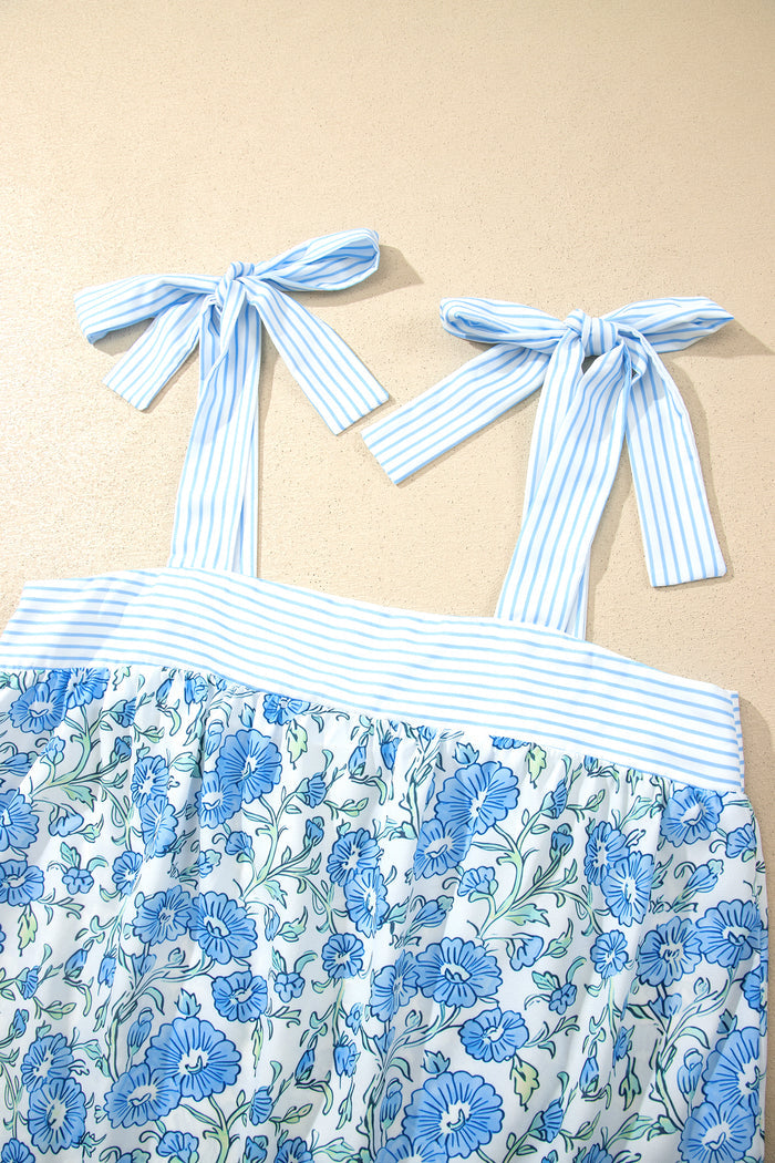 Sky Blue Floral Striped Patchwork Knot Straps 2pcs Short Set 🇺🇸