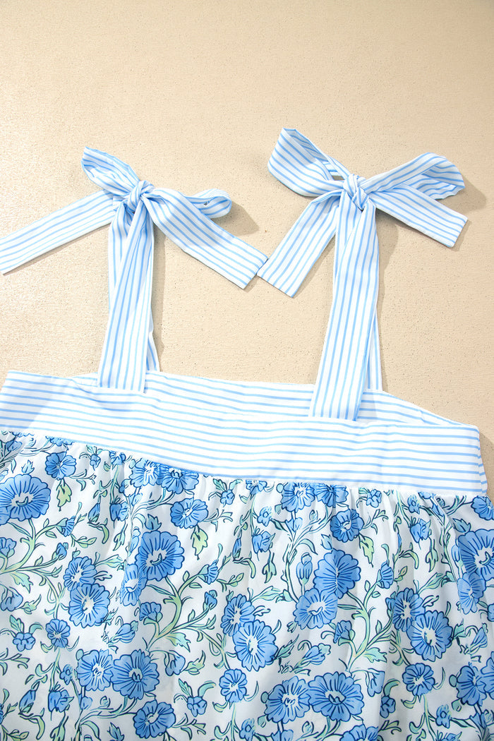 Sky Blue Floral Striped Patchwork Knot Straps 2pcs Short Set 🇺🇸