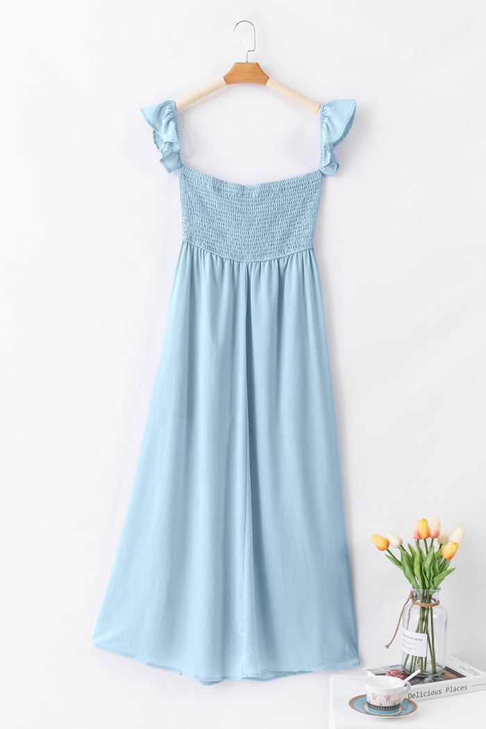 Sky Blue Off Shoulder Ruched Bust Sheer Slit Maxi Dress 🇺🇸